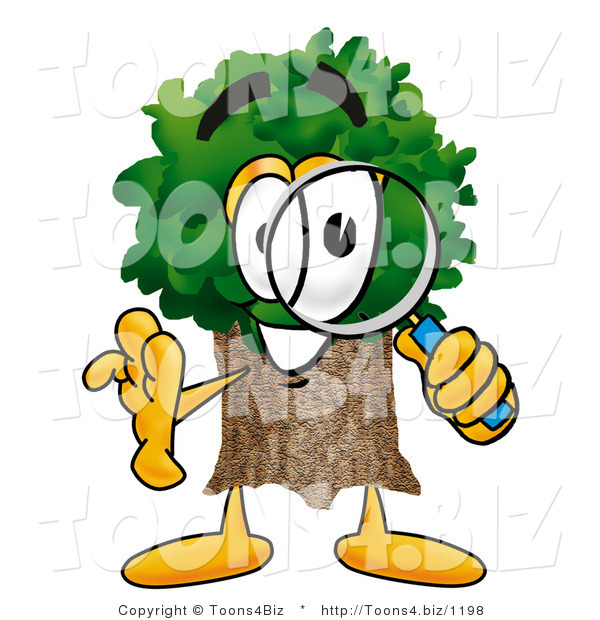 Illustration of a Cartoon Tree Mascot Looking Through a Magnifying Glass