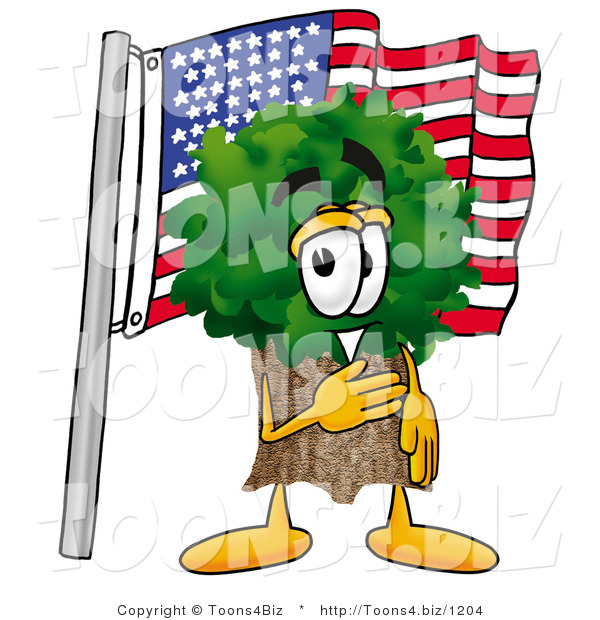 Illustration of a Cartoon Tree Mascot Pledging Allegiance to an American Flag