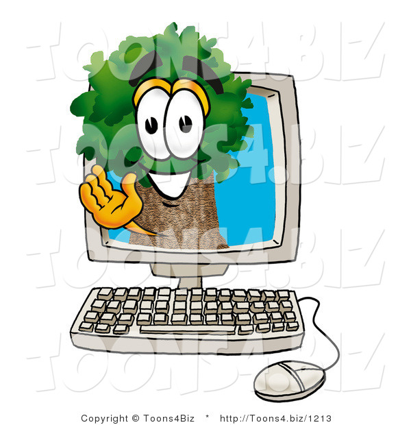 Illustration of a Cartoon Tree Mascot Waving from Inside a Computer Screen