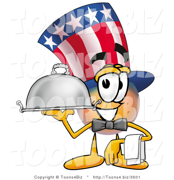 Illustration of a Cartoon Uncle Sam Mascot Dressed As a Waiter and Holding a Serving Platter
