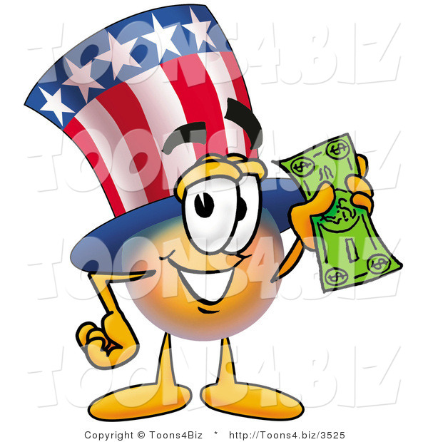 Illustration of a Cartoon Uncle Sam Mascot Holding a Dollar Bill