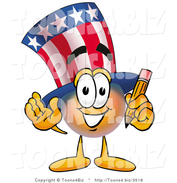 Illustration of a Cartoon Uncle Sam Mascot Holding a Pencil