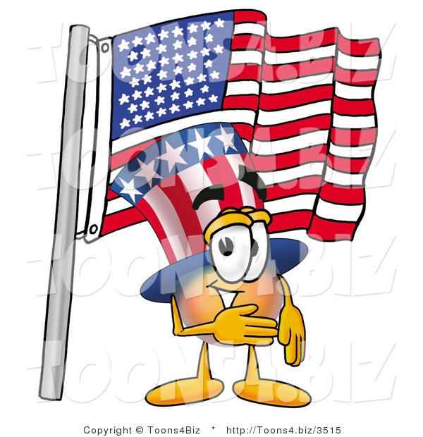 Illustration of a Cartoon Uncle Sam Mascot Pledging Allegiance to an American Flag