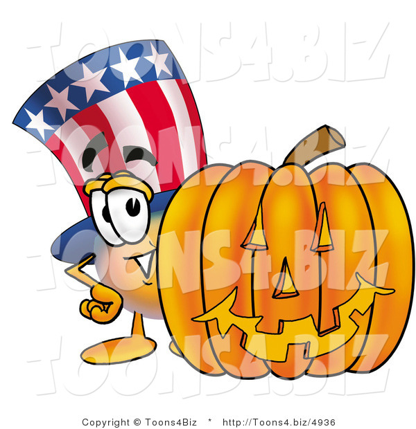 Illustration of a Cartoon Uncle Sam Mascot with a Carved Halloween Pumpkin