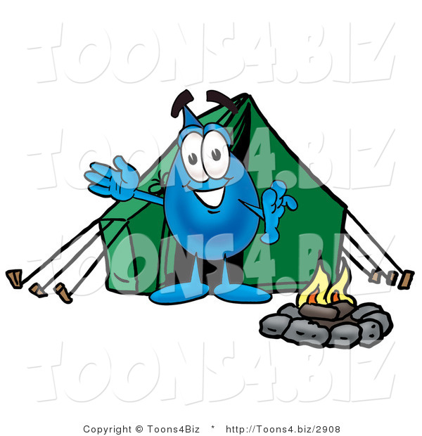 Illustration of a Cartoon Water Drop Mascot Camping with a Tent and Fire