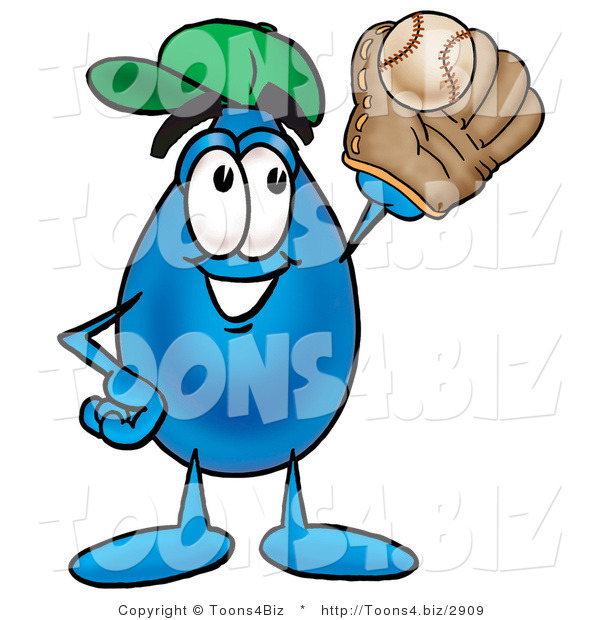 Illustration of a Cartoon Water Drop Mascot Catching a Baseball with a Glove