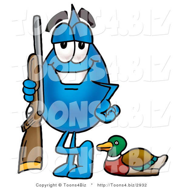 Illustration of a Cartoon Water Drop Mascot Duck Hunting, Standing with a Rifle and Duck