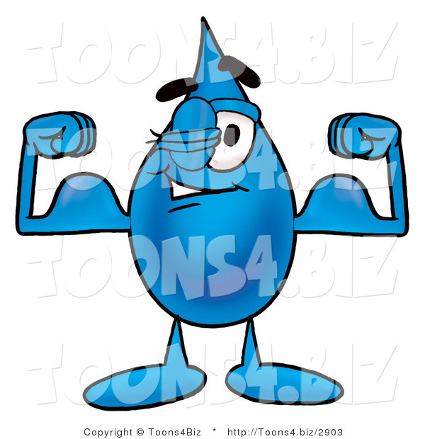 Illustration of a Cartoon Water Drop Mascot Flexing His Arm Muscles