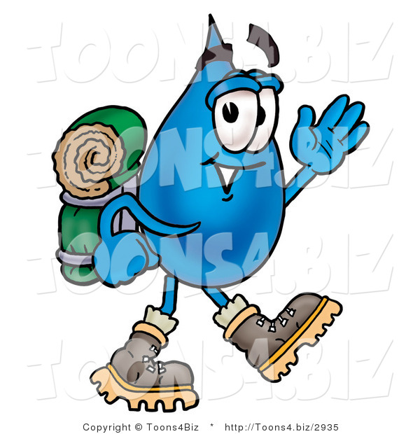 Illustration of a Cartoon Water Drop Mascot Hiking and Carrying a Backpack