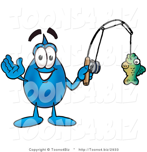 Illustration of a Cartoon Water Drop Mascot Holding a Fish on a Fishing Pole