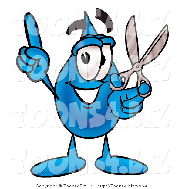 Illustration of a Cartoon Water Drop Mascot Holding a Pair of Scissors