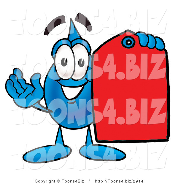 Illustration of a Cartoon Water Drop Mascot Holding a Red Sales Price Tag