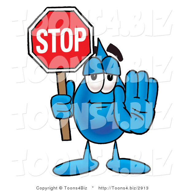 Illustration of a Cartoon Water Drop Mascot Holding a Stop Sign