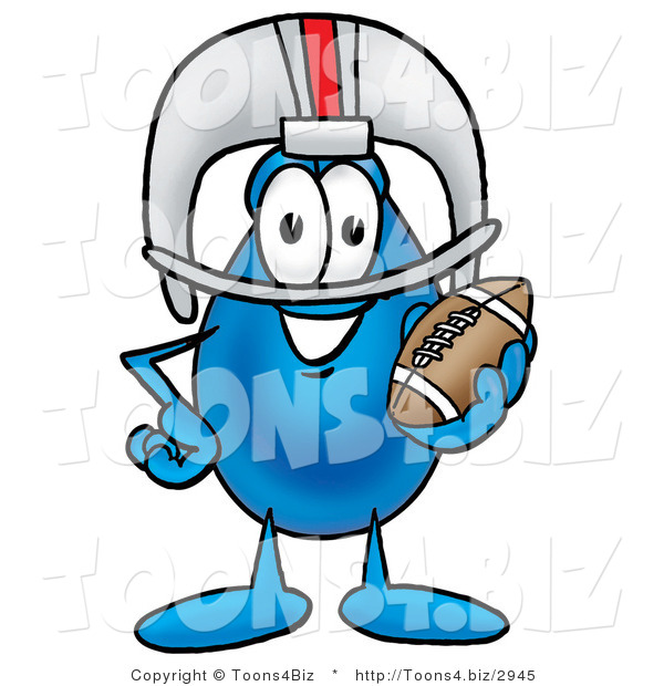 Illustration of a Cartoon Water Drop Mascot in a Helmet, Holding a Football