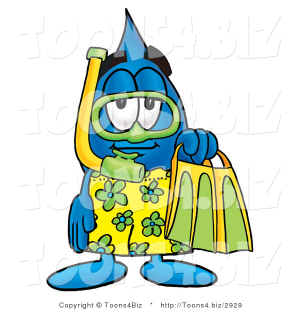 Illustration of a Cartoon Water Drop Mascot in Green and Yellow Snorkel Gear