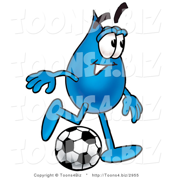 Illustration of a Cartoon Water Drop Mascot Kicking a Soccer Ball