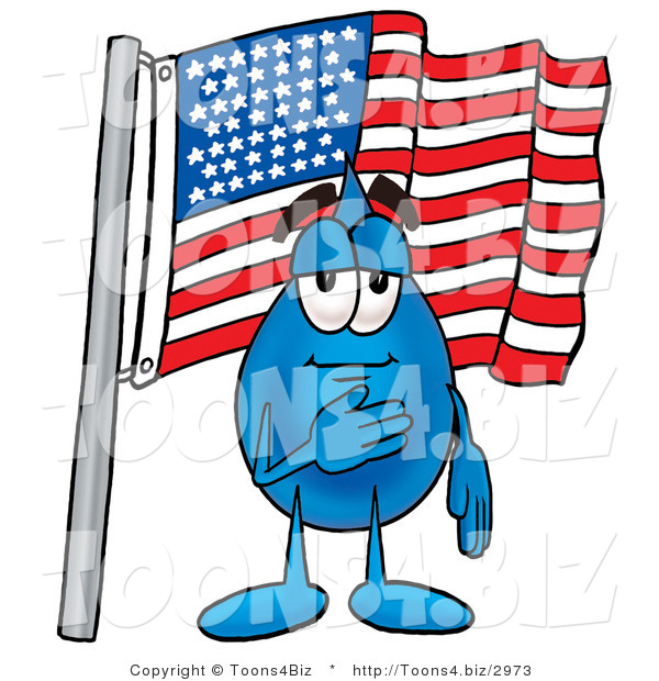 Illustration of a Cartoon Water Drop Mascot Pledging Allegiance to an American Flag