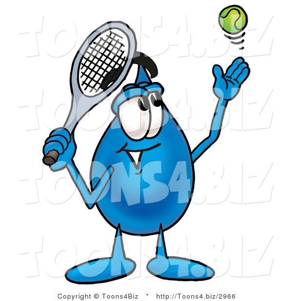 Illustration of a Cartoon Water Drop Mascot Preparing to Hit a Tennis Ball