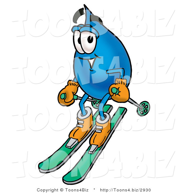 Illustration of a Cartoon Water Drop Mascot Skiing Downhill