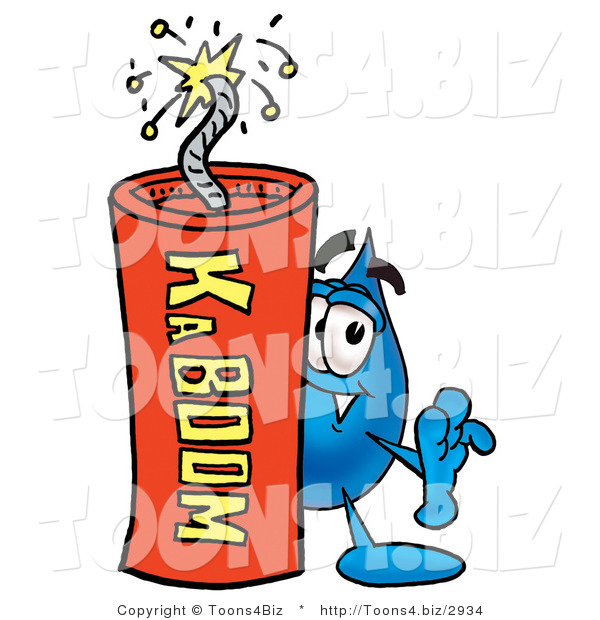 Illustration of a Cartoon Water Drop Mascot Standing with a Lit Stick of Dynamite