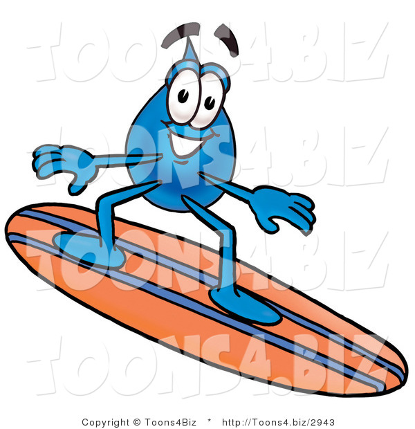 Illustration of a Cartoon Water Drop Mascot Surfing on a Blue and Orange Surfboard