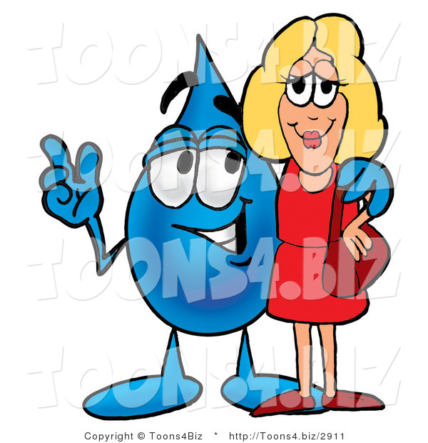 Illustration of a Cartoon Water Drop Mascot Talking to a Pretty Blond Woman