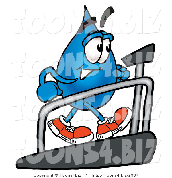 Illustration of a Cartoon Water Drop Mascot Walking on a Treadmill in a Fitness Gym