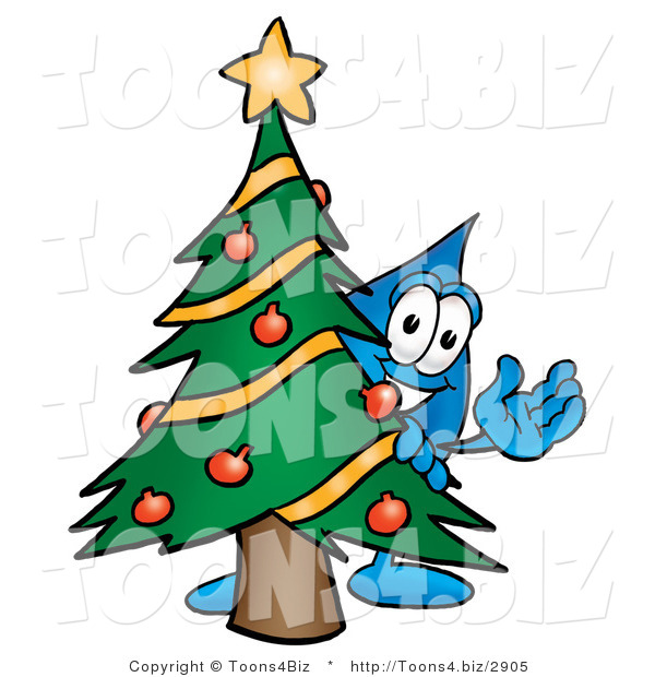 Illustration of a Cartoon Water Drop Mascot Waving and Standing by a Decorated Christmas Tree