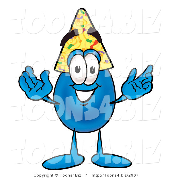 Illustration of a Cartoon Water Drop Mascot Wearing a Birthday Party Hat