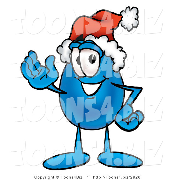 Illustration of a Cartoon Water Drop Mascot Wearing a Santa Hat and Waving