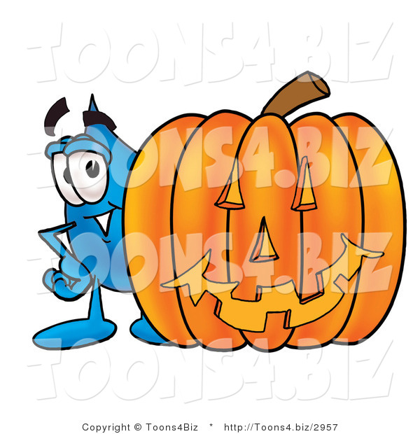 Illustration of a Cartoon Water Drop Mascot with a Carved Halloween Pumpkin