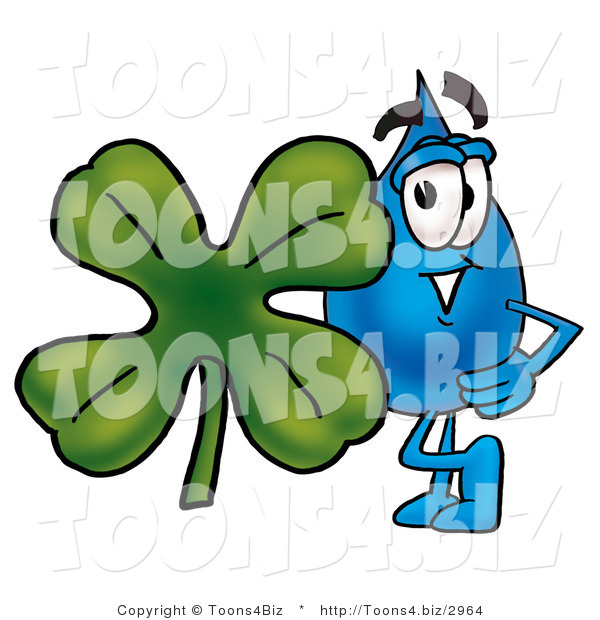 Illustration of a Cartoon Water Drop Mascot with a Green Four Leaf Clover on St Paddy's or St Patricks Day