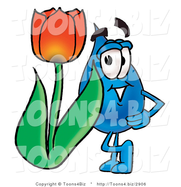 Illustration of a Cartoon Water Drop Mascot with a Red Tulip Flower in the Spring