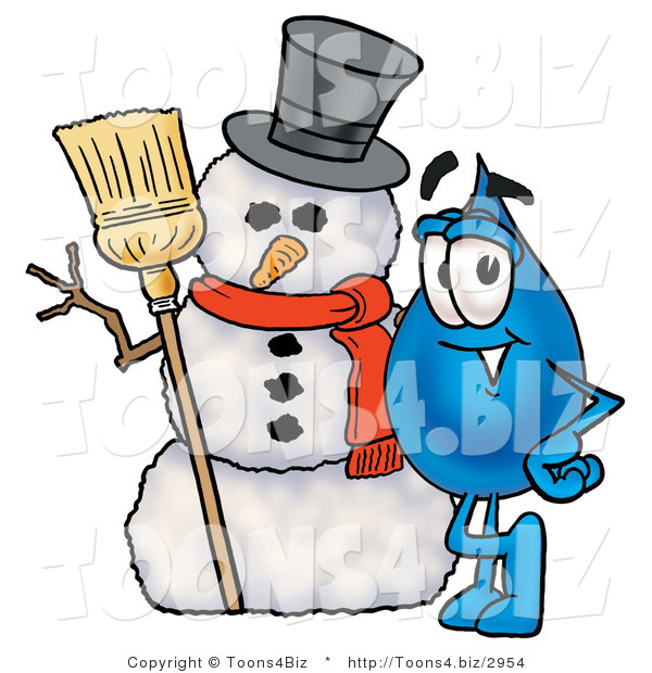 Illustration of a Cartoon Water Drop Mascot with a Snowman on Christmas