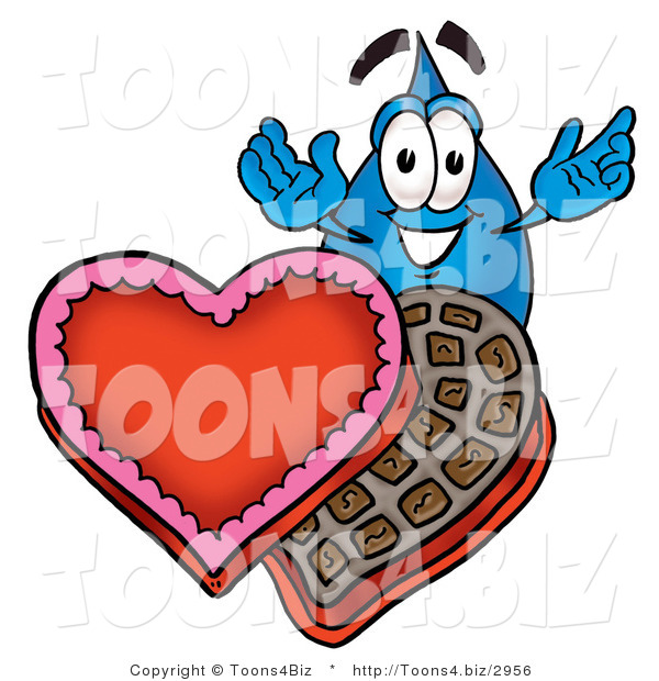 Illustration of a Cartoon Water Drop Mascot with an Open Box of Valentines Day Chocolate Candies