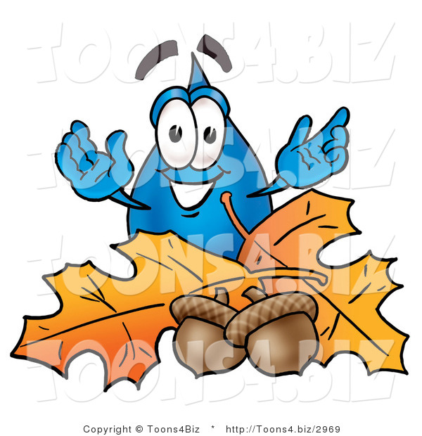 Illustration of a Cartoon Water Drop Mascot with Autumn Leaves and Acorns in the Fall