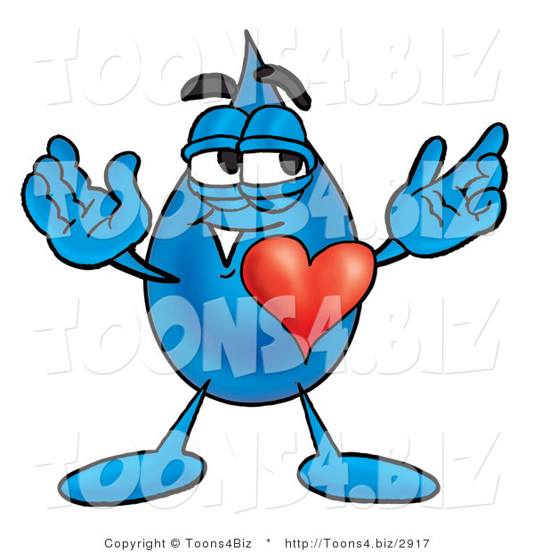 Illustration of a Cartoon Water Drop Mascot with His Heart Beating out of His Chest