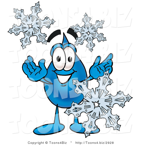 Illustration of a Cartoon Water Drop Mascot with Three Snowflakes in Winter