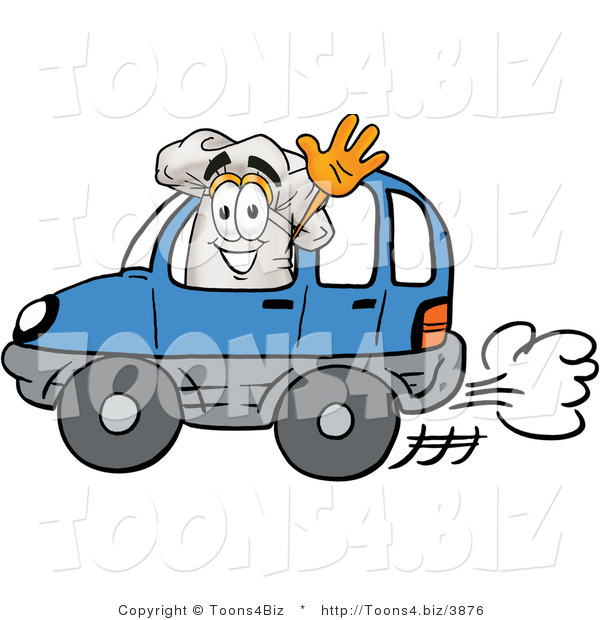 Illustration of a Chef Hat Mascot Driving a Blue Car and Waving