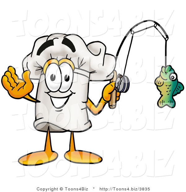 Illustration of a Chef Hat Mascot Holding a Fish on a Fishing Pole
