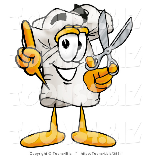 Illustration of a Chef Hat Mascot Holding a Pair of Scissors