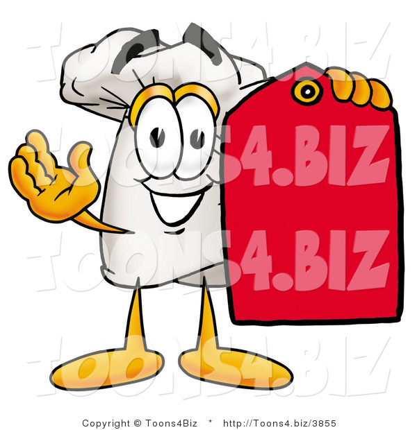 Illustration of a Chef Hat Mascot Holding a Red Sales Price Tag