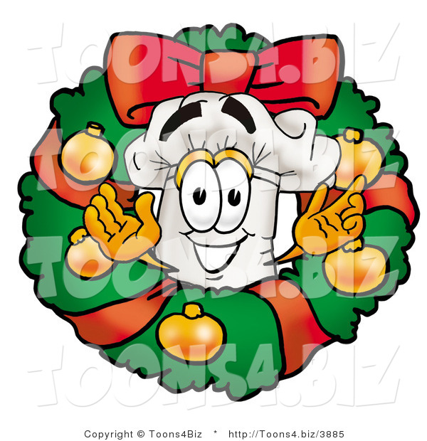 Illustration of a Chef Hat Mascot in the Center of a Christmas Wreath