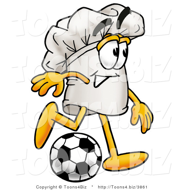 Illustration of a Chef Hat Mascot Kicking a Soccer Ball