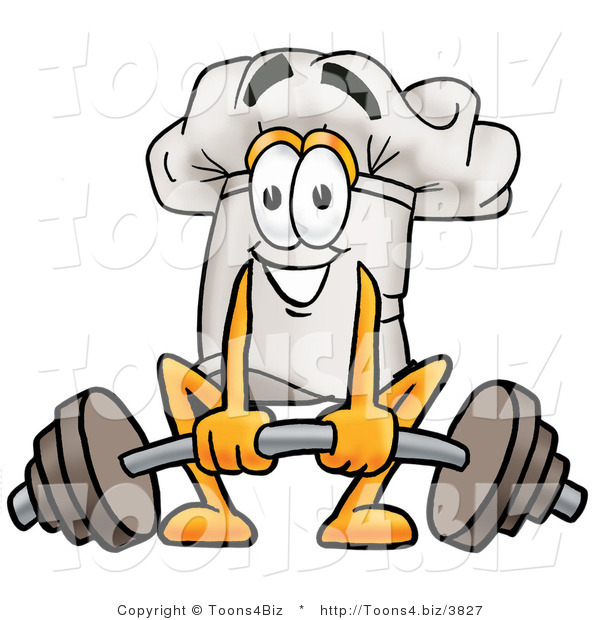 Illustration of a Chef Hat Mascot Lifting a Heavy Barbell