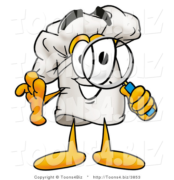Illustration of a Chef Hat Mascot Looking Through a Magnifying Glass