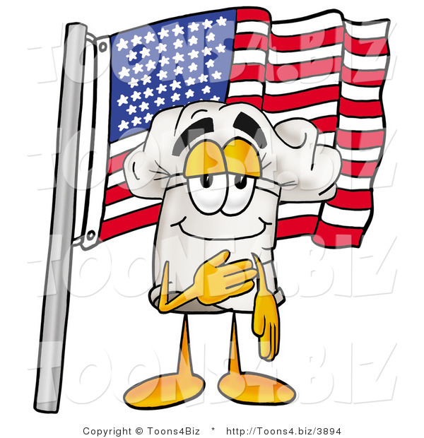 Illustration of a Chef Hat Mascot Pledging Allegiance to an American Flag