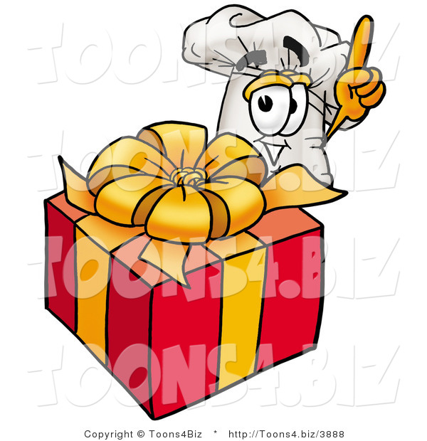 Illustration of a Chef Hat Mascot Standing by a Christmas Present