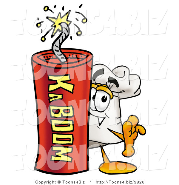 Illustration of a Chef Hat Mascot Standing with a Lit Stick of Dynamite