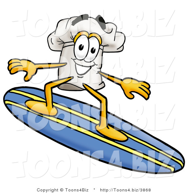 Illustration of a Chef Hat Mascot Surfing on a Blue and Yellow Surfboard